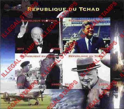Chad 2011 Churchill and Kennedy Illegal Stamps in Souvenir Sheet of 4
