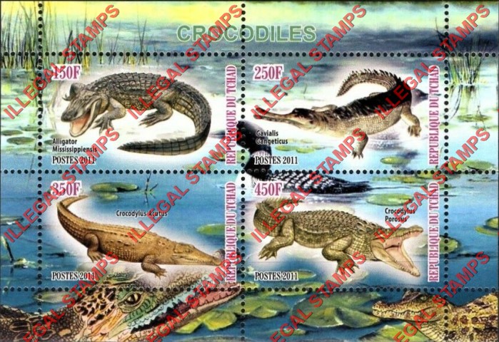 Chad 2011 Crocodiles Illegal Stamps in Souvenir Sheet of 4