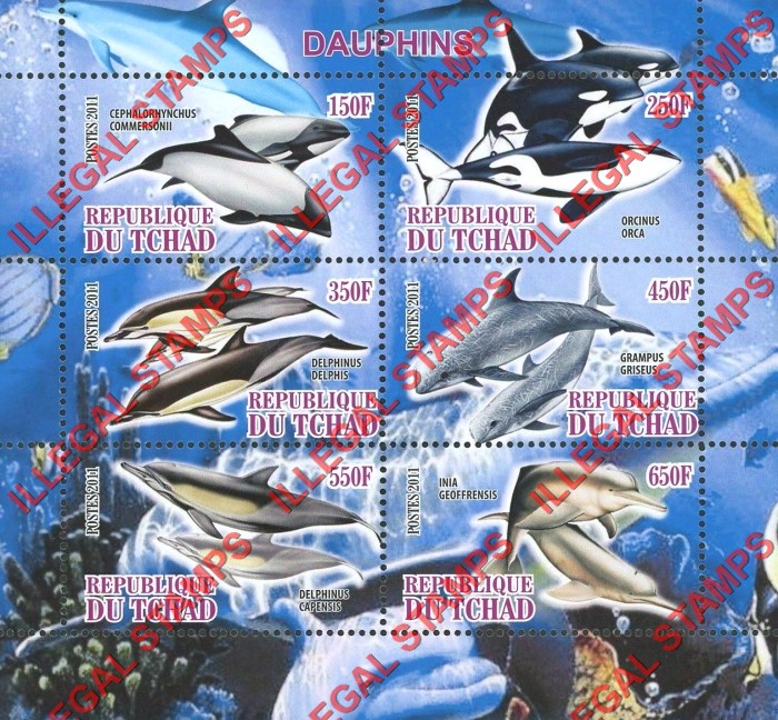 Chad 2011 Dolphins Illegal Stamps in Souvenir Sheet of 6