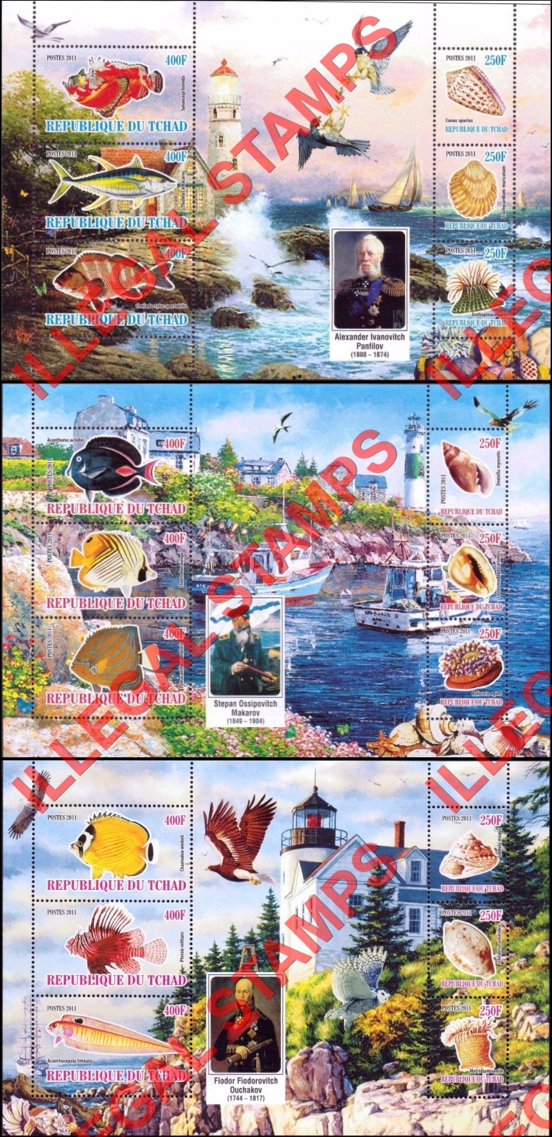 Chad 2011 Fish Shells and Lighthouses Illegal Stamps in Souvenir Sheets of 6 (Part 1)