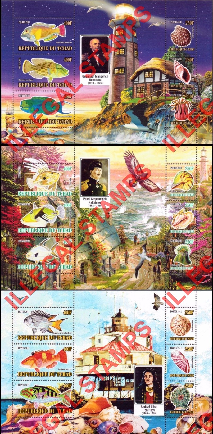 Chad 2011 Fish Shells and Lighthouses Illegal Stamps in Souvenir Sheets of 6 (Part 2)
