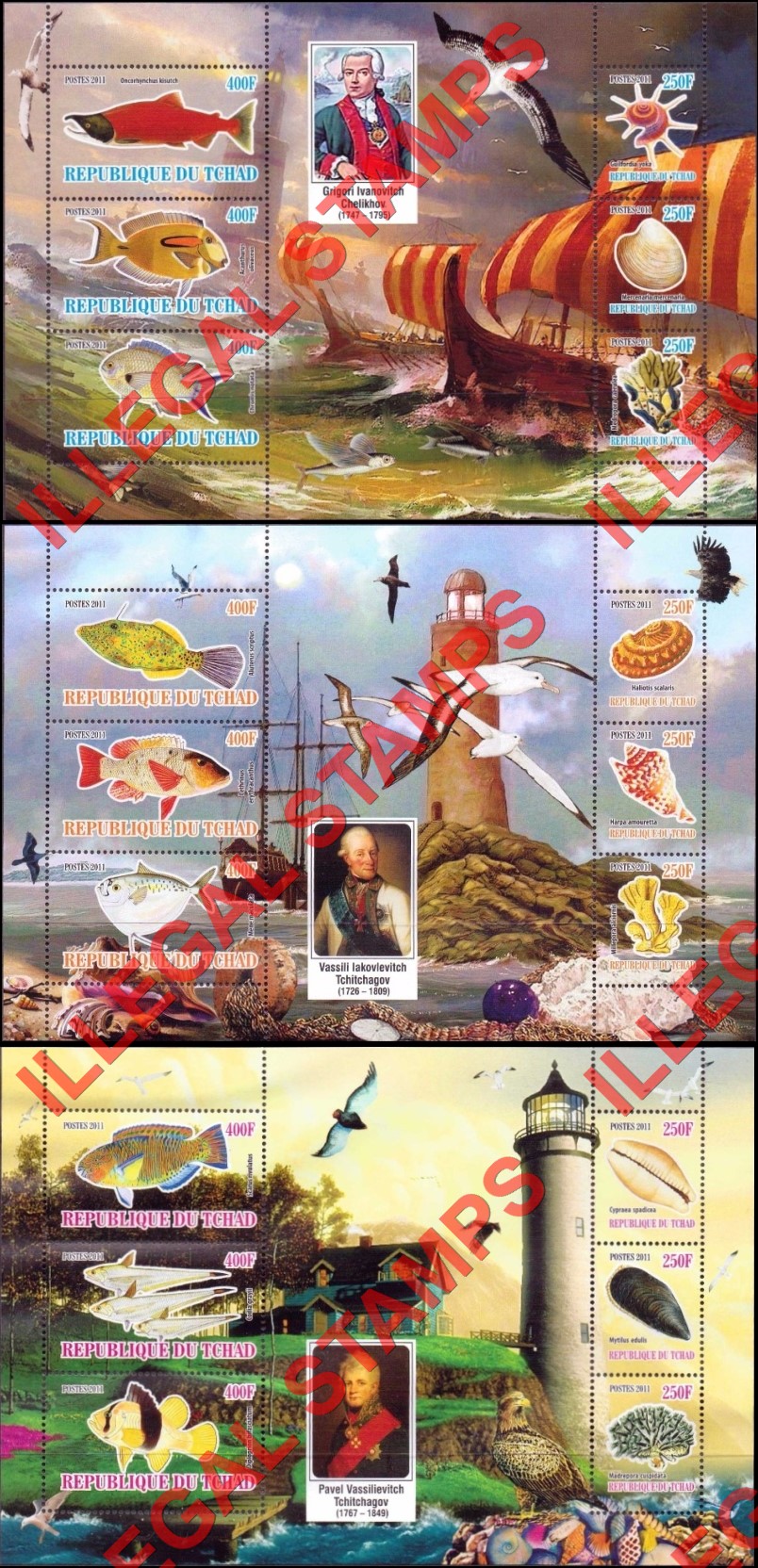 Chad 2011 Fish Shells and Lighthouses Illegal Stamps in Souvenir Sheets of 6 (Part 3)