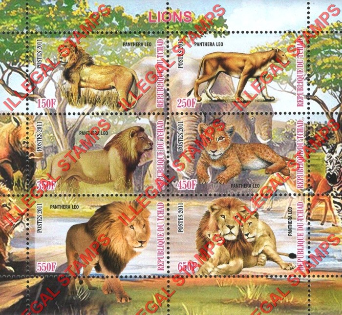 Chad 2011 Lions Illegal Stamps in Souvenir Sheet of 6