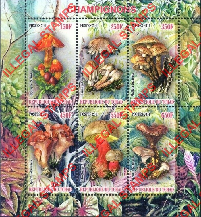 Chad 2011 Mushrooms Illegal Stamps in Souvenir Sheet of 6