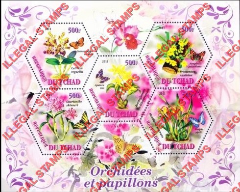 Chad 2011 Orchids and Butterflies Illegal Stamps in Souvenir Sheet of 5