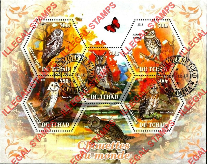 Chad 2011 Owls Illegal Stamps in Souvenir Sheet of 5