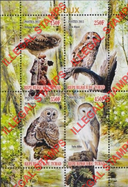 Chad 2011 Owls Illegal Stamps in Souvenir Sheet of 4