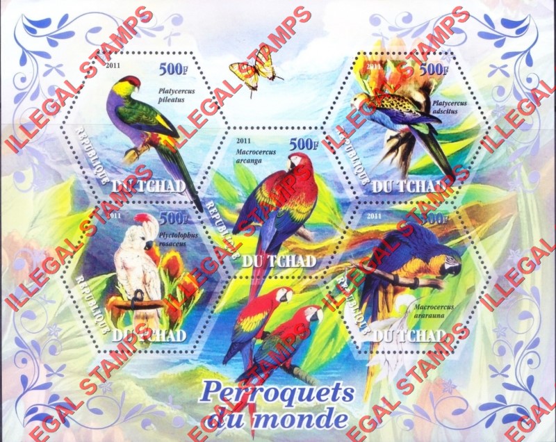 Chad 2011 Parrots Illegal Stamps in Souvenir Sheet of 5