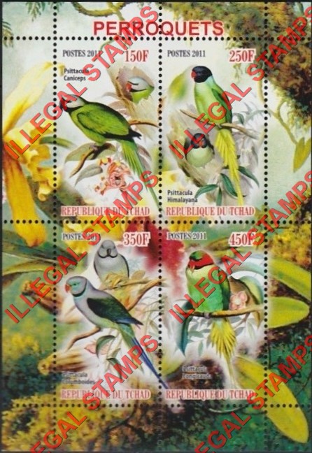 Chad 2011 Parrots Illegal Stamps in Souvenir Sheet of 4