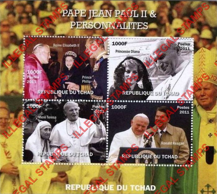 Chad 2011 Personalities with Pope John Paul II Illegal Stamps in Souvenir Sheet of 4