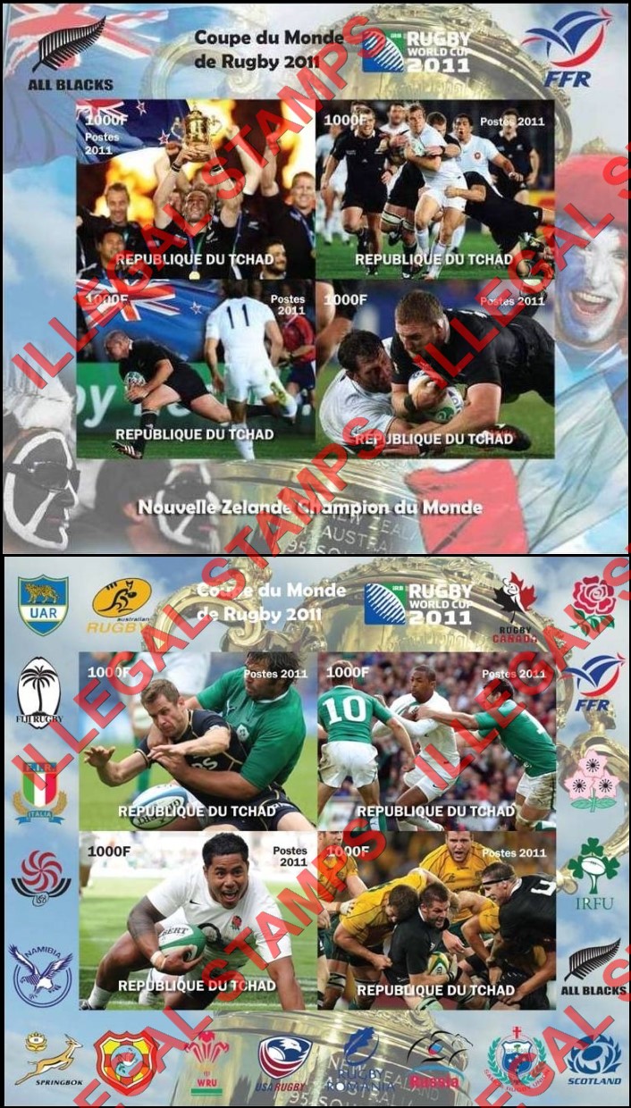 Chad 2011 Rugby Illegal Stamps in Souvenir Sheets of 4