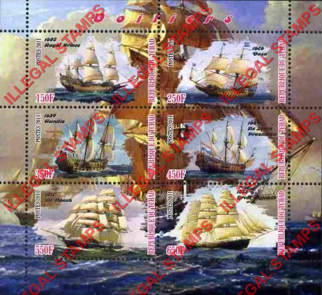 Chad 2011 Sailing Ships Illegal Stamps in Souvenir Sheet of 6
