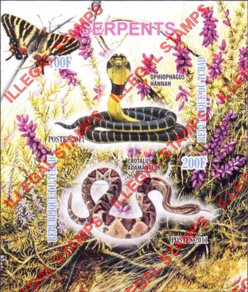 Chad 2011 Serpents Snakes Illegal Stamps in Souvenir Sheet of 2