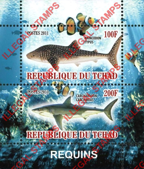 Chad 2011 Sharks Illegal Stamps in Souvenir Sheet of 2