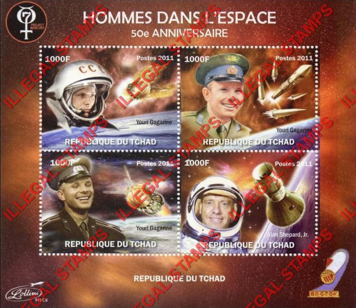 Chad 2011 Space Youri Gagarine Illegal Stamps in Souvenir Sheet of 4
