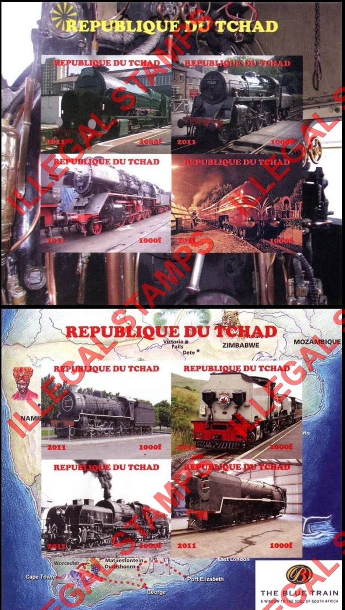 Chad 2011 Steam Locomotives Illegal Stamps in Souvenir Sheets of 4