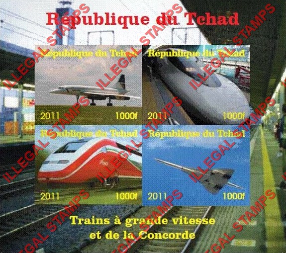 Chad 2011 Trains and Concorde Illegal Stamps in Souvenir Sheet of 4