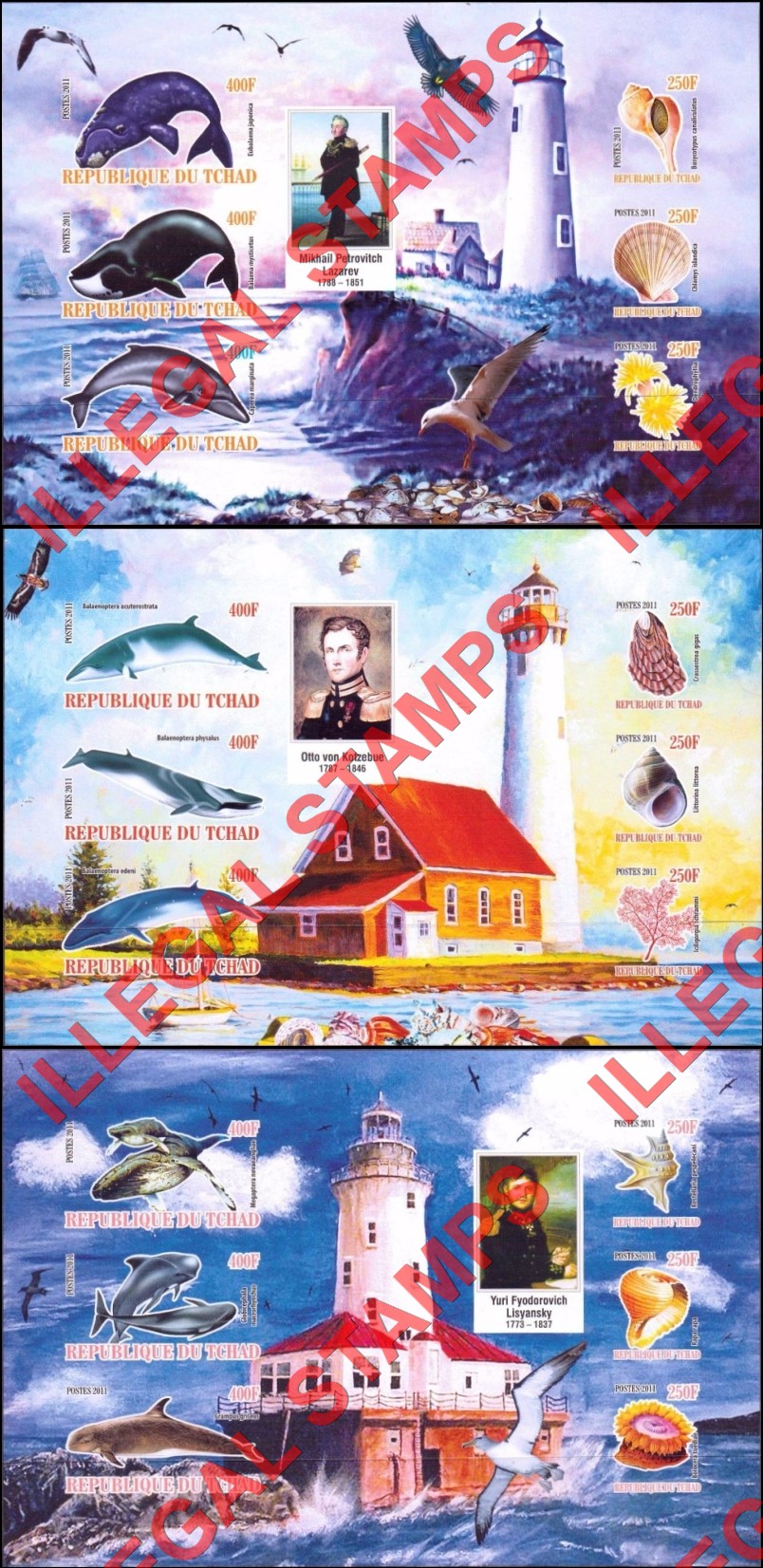Chad 2011 Whales Shells and Lighthouses Illegal Stamps in Souvenir Sheets of 6 (Part 1)