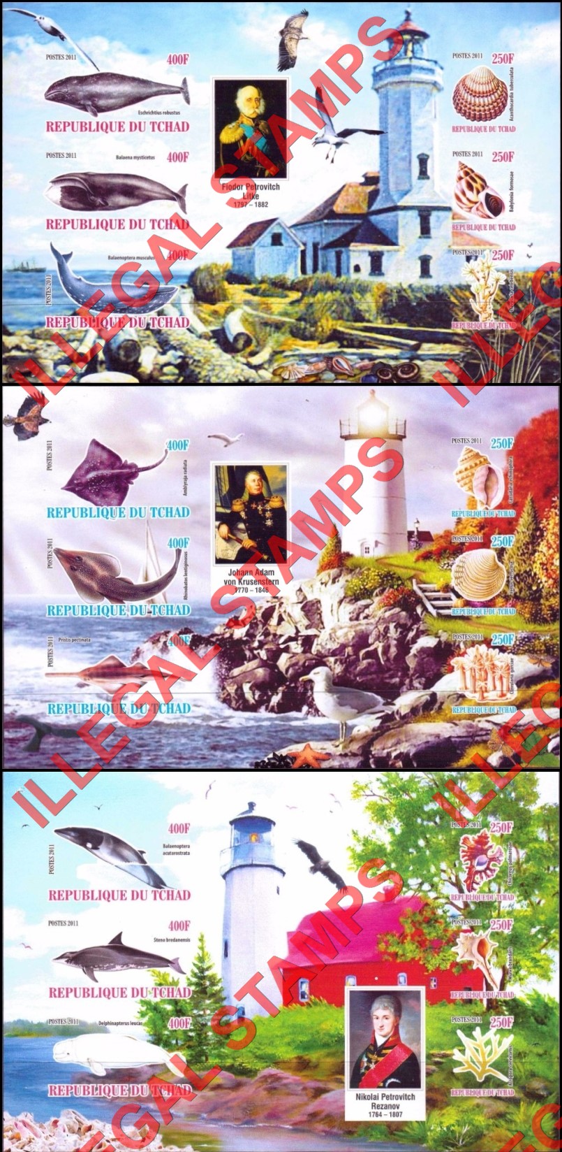 Chad 2011 Whales Shells and Lighthouses Illegal Stamps in Souvenir Sheets of 6 (Part 2)