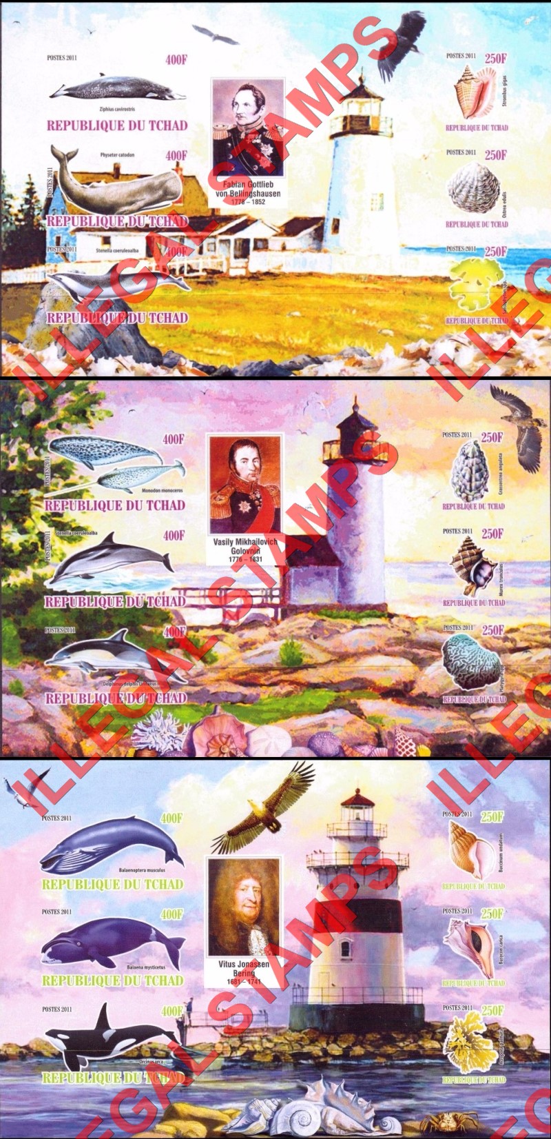Chad 2011 Whales Shells and Lighthouses Illegal Stamps in Souvenir Sheets of 6 (Part 3)