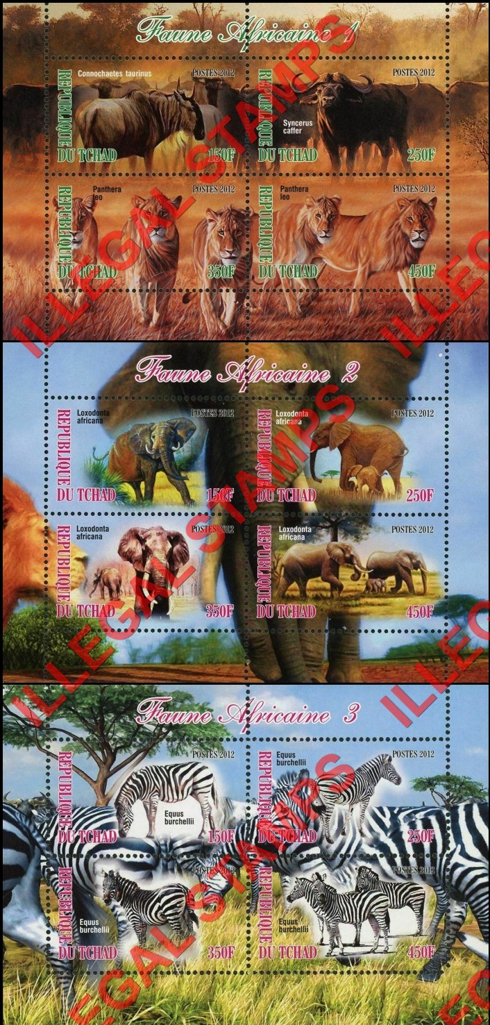 Chad 2012 African Fauna Animals Illegal Stamps in Souvenir Sheets of 4 (Part 1)