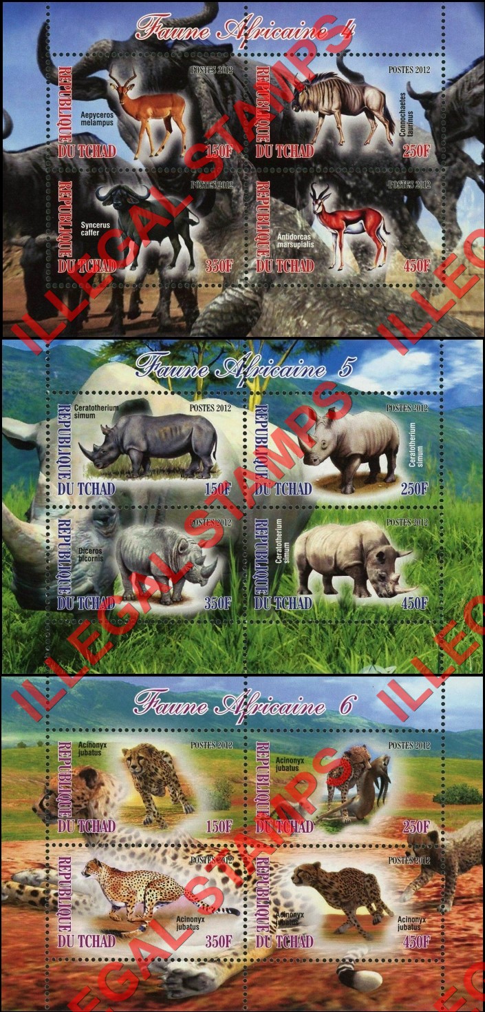Chad 2012 African Fauna Animals Illegal Stamps in Souvenir Sheets of 4 (Part 2)
