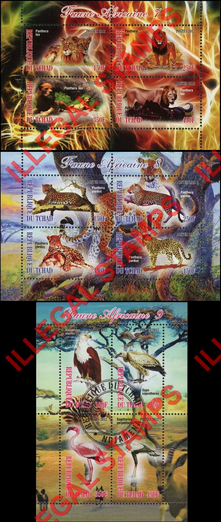 Chad 2012 African Fauna Animals Illegal Stamps in Souvenir Sheets of 4 (Part 3)