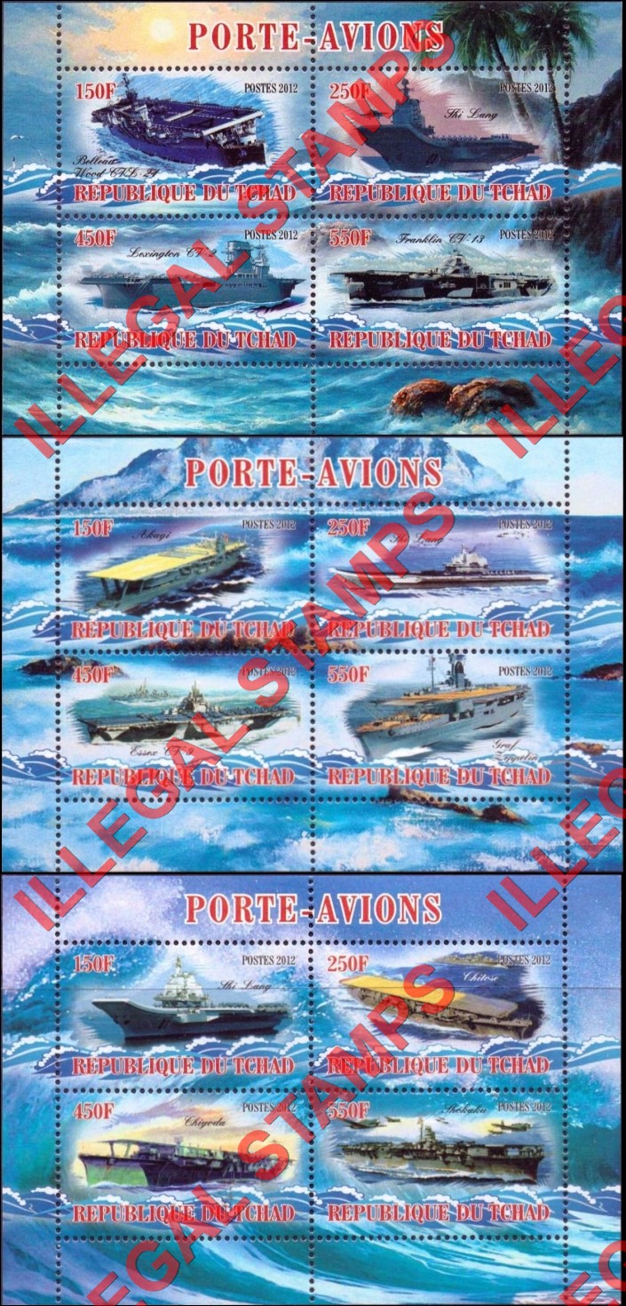 Chad 2012 Aircraft Carriers Illegal Stamps in Souvenir Sheets of 4