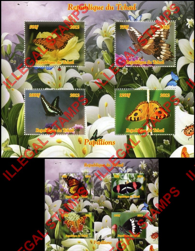 Chad 2012 Butterflies Illegal Stamps in Souvenir Sheets of 4