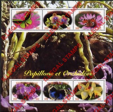 Chad 2012 Butterflies and Orchids Illegal Stamps in Souvenir Sheet of 6