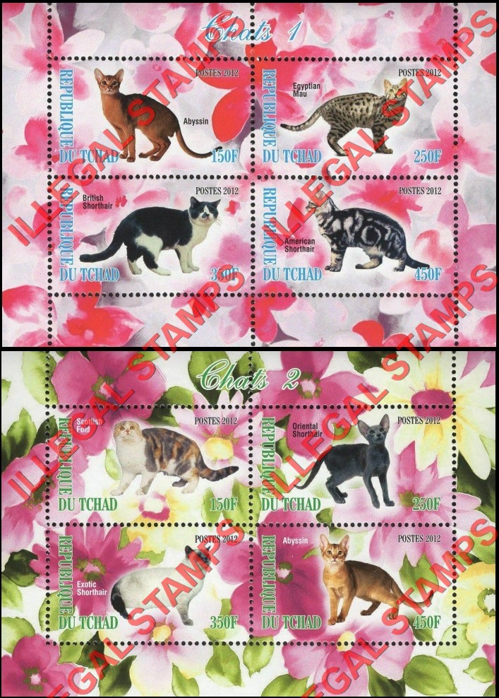 Chad 2012 Cats Illegal Stamps in Souvenir Sheets of 4