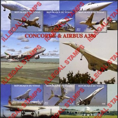 Chad 2012 Concorde and Airbus Illegal Stamps in Souvenir Sheet of 6