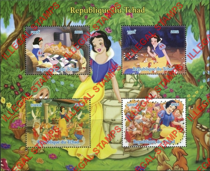 Chad 2012 Disney Snow White Illegal Stamps in Souvenir Sheet of 4