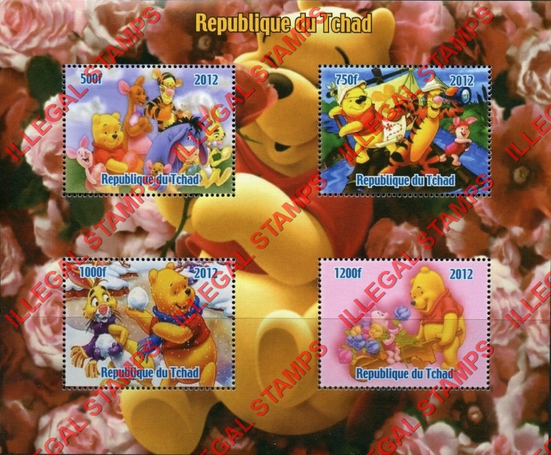 Chad 2012 Disney Winnie the Pooh Illegal Stamps in Souvenir Sheet of 4