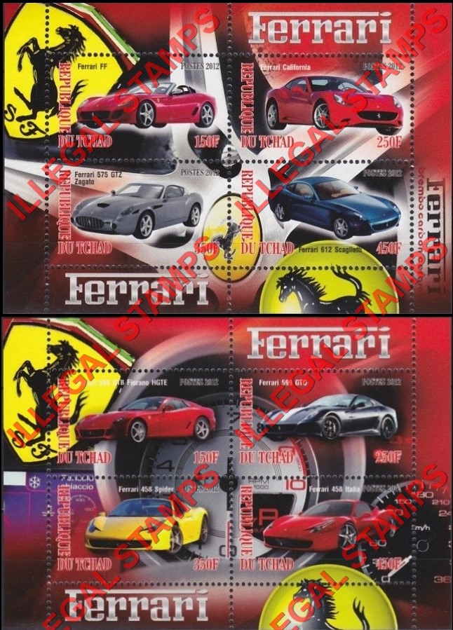 Chad 2012 Ferrari Illegal Stamps in Souvenir Sheets of 4