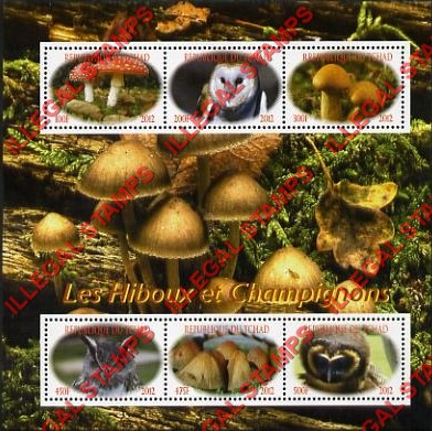 Chad 2012 Owls and Mushrooms Illegal Stamps in Souvenir Sheet of 6