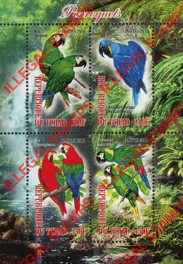 Chad 2012 Parrots Illegal Stamps in Souvenir Sheet of 4