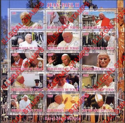 Chad 2012 Pope John Paul II Illegal Stamps in Sheet of 15
