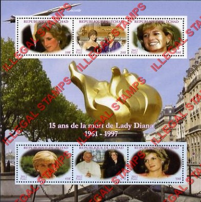 Chad 2012 Princess Diana Illegal Stamps in Souvenir Sheet of 6