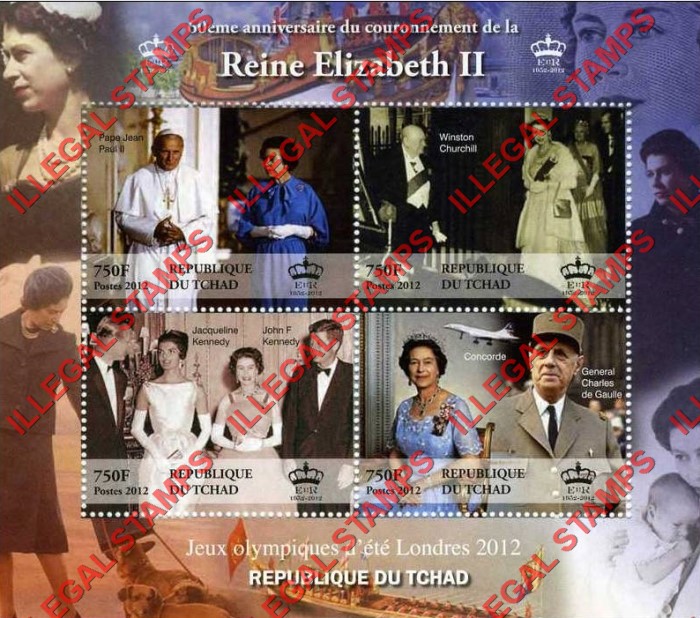 Chad 2012 Queen Elizabeth II Illegal Stamps in Souvenir Sheet of 4