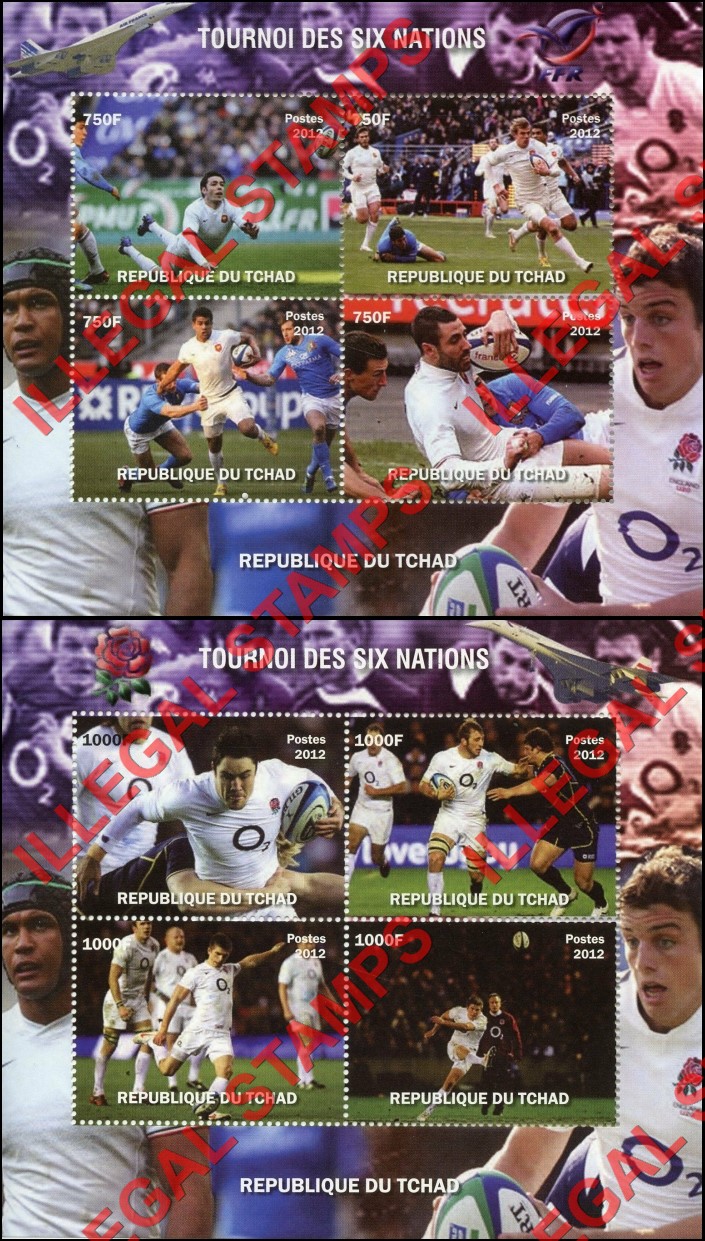 Chad 2012 Rugby Illegal Stamps in Souvenir Sheets of 4