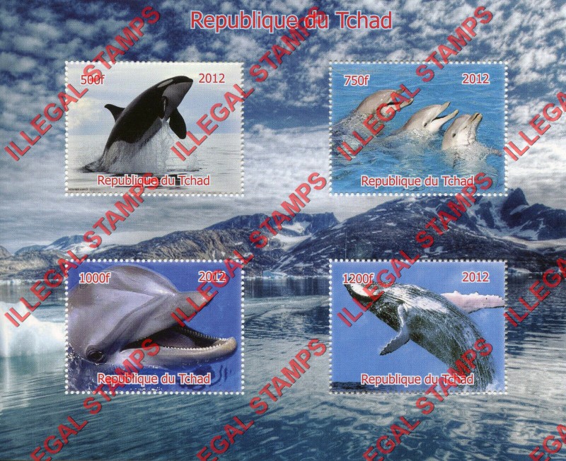 Chad 2012 Whales and Dolphins Illegal Stamps in Souvenir Sheet of 4