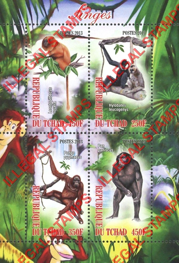 Chad 2013 Apes Monkeys Illegal Stamps in Souvenir Sheet of 4