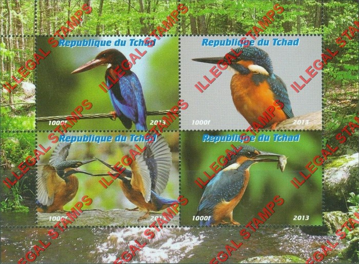Chad 2013 Birds Kingfishers Illegal Stamps in Souvenir Sheet of 4