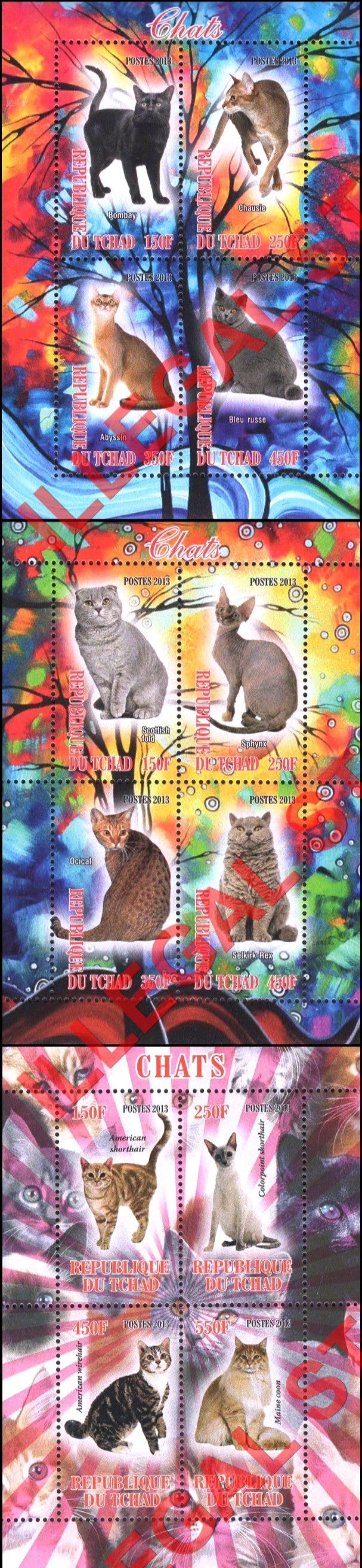 Chad 2013 Cats Illegal Stamps in Souvenir Sheets of 4