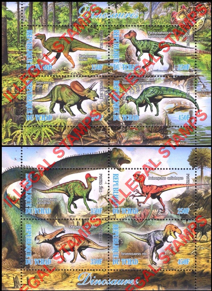 Chad 2013 Dinosaurs Illegal Stamps in Souvenir Sheets of 4
