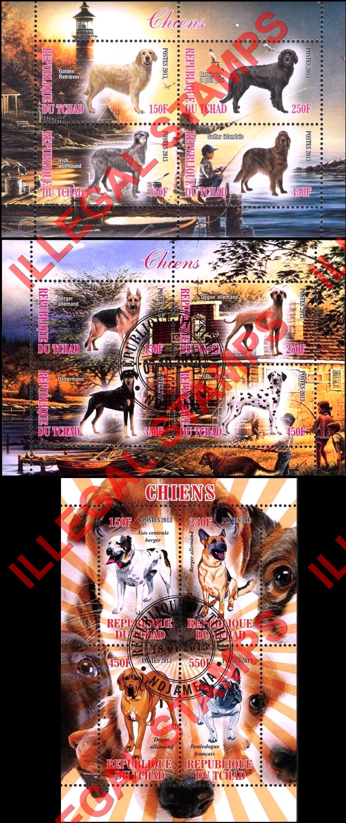 Chad 2013 Dogs Illegal Stamps in Souvenir Sheets of 4