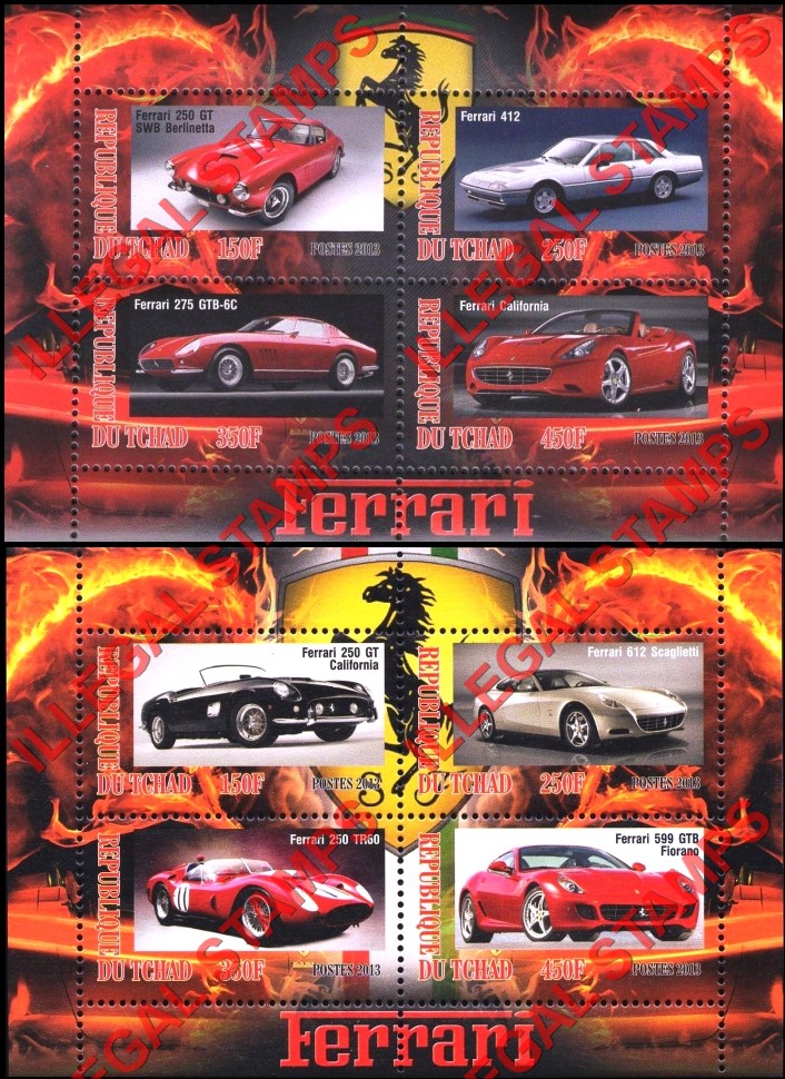 Chad 2013 Ferrari Illegal Stamps in Souvenir Sheets of 4