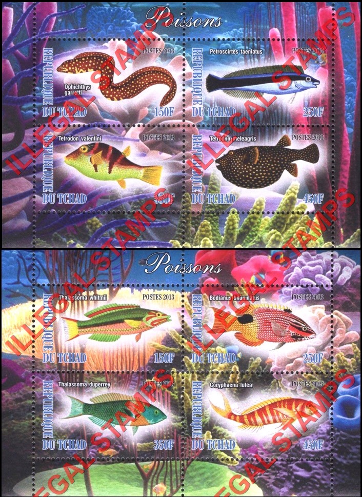 Chad 2013 Fish Illegal Stamps in Souvenir Sheets of 4
