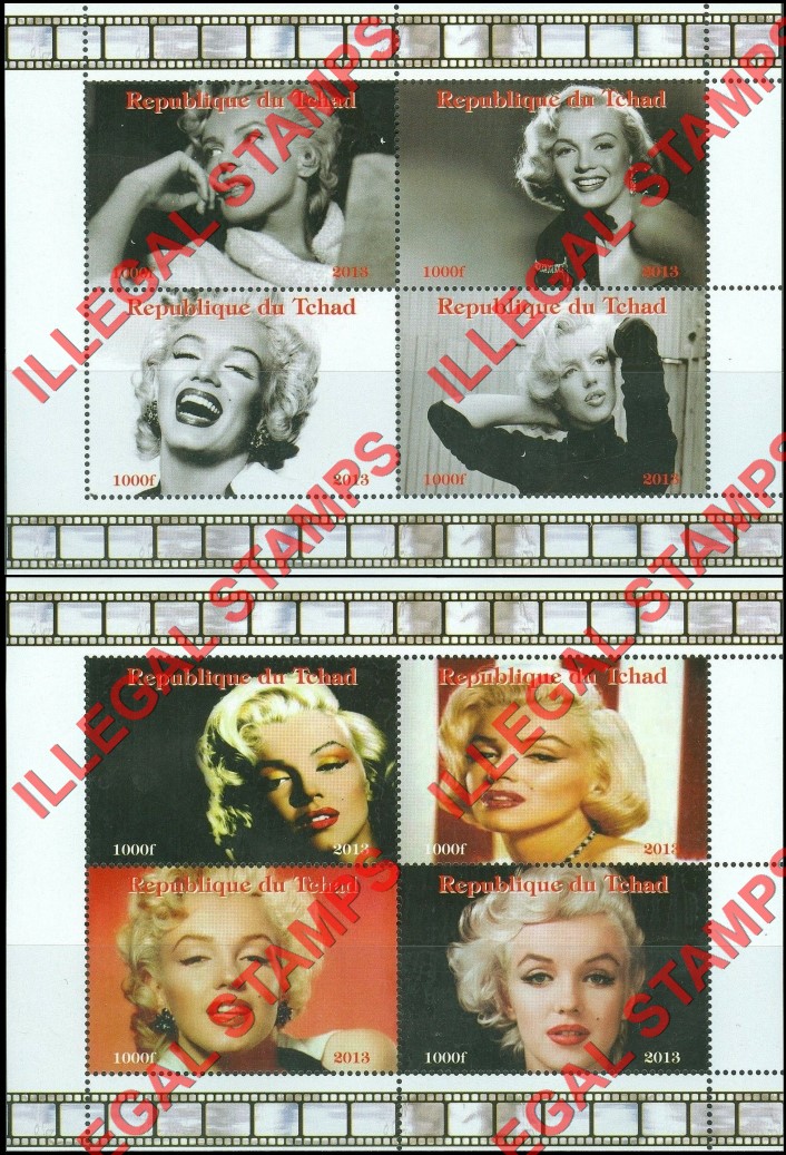 Chad 2013 Marilyn Monroe Illegal Stamps in Souvenir Sheets of 4